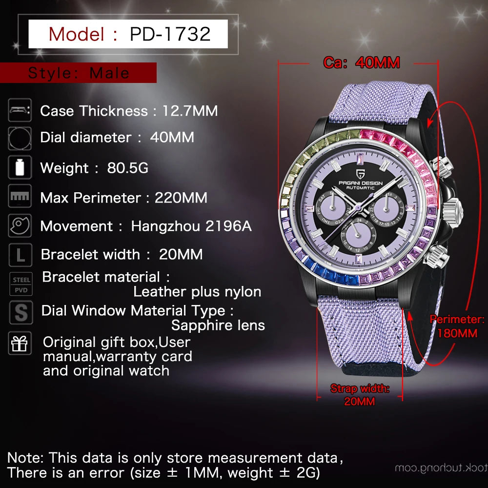 Pagani design novo 40mm arco-íris moldura cronógrafo safira relógio mecânico automático masculino aço inoxidável à prova dwaterproof água