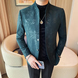 Novo chinês gola blazer jaqueta 2025 moda elegante impresso fino ajuste ternos de negócios jaqueta tailcoat roupas masculinas