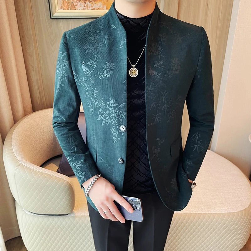 Novo chinês gola blazer jaqueta 2025 moda elegante impresso fino ajuste ternos de negócios jaqueta tailcoat roupas masculinas