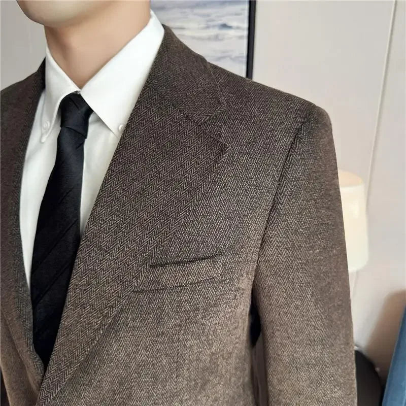 Outono inverno grosso terno de lã jaqueta masculina fino ajuste negócios casual terno casaco alta qualidade moda masculina casamento social smoking