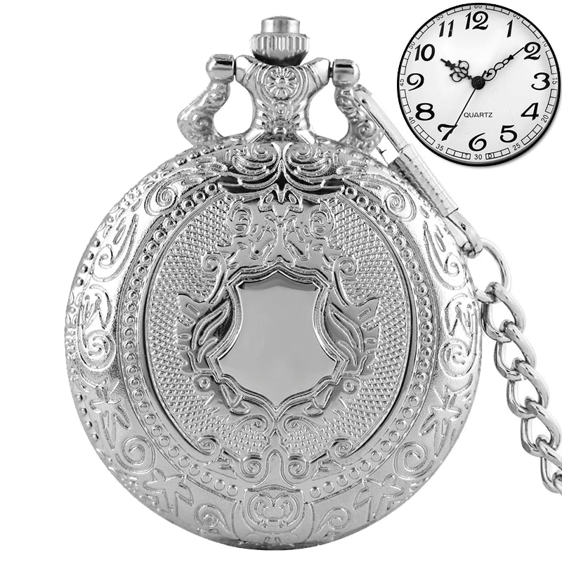 Luxo prata escudo coroa padrão relógio de bolso de quartzo moda colar pingente corrente jóias presente steampunk relógio para homem