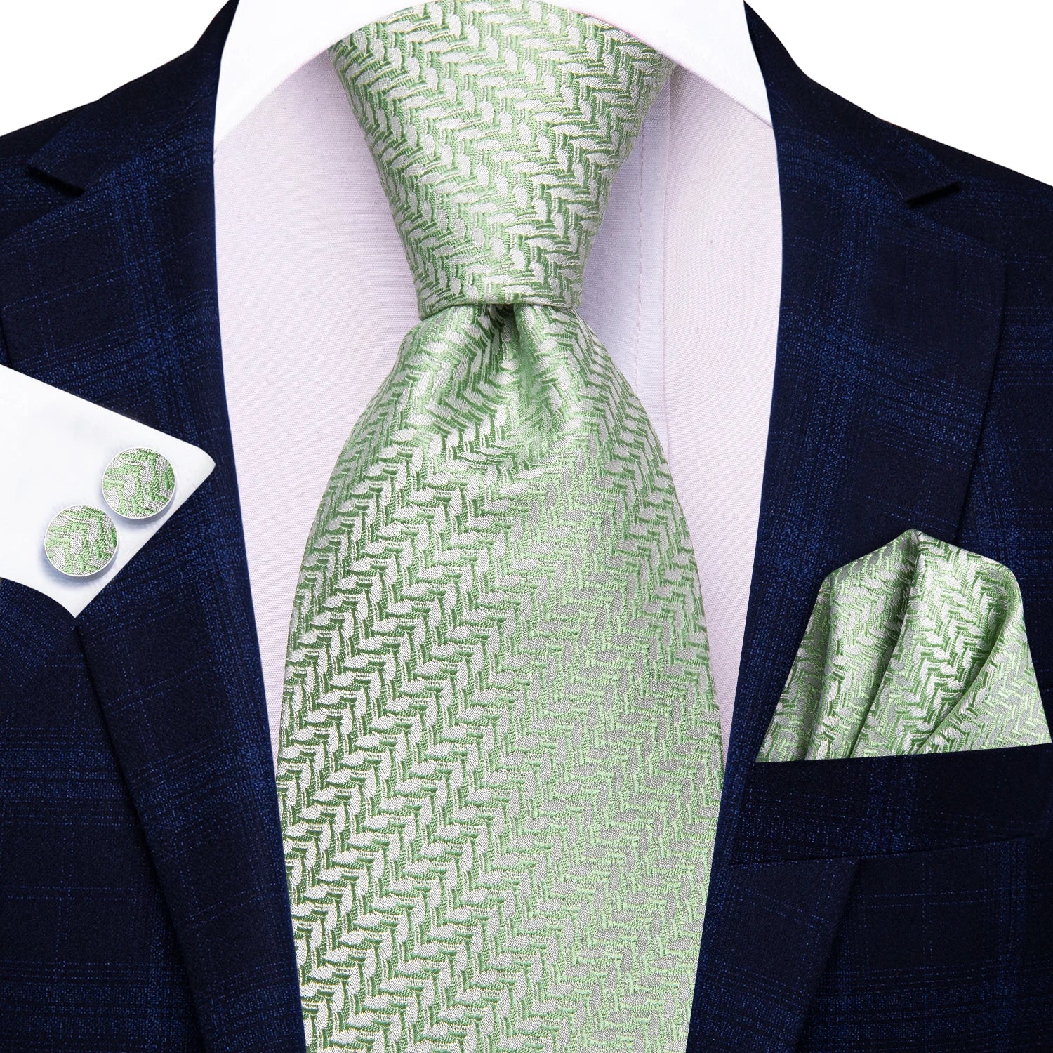 Hi-tie masculino elegante gravata lenço abotoaduras 3 pçs conjunto xadrez azul claro para smoking moda clássico seda luxo gravata para homem