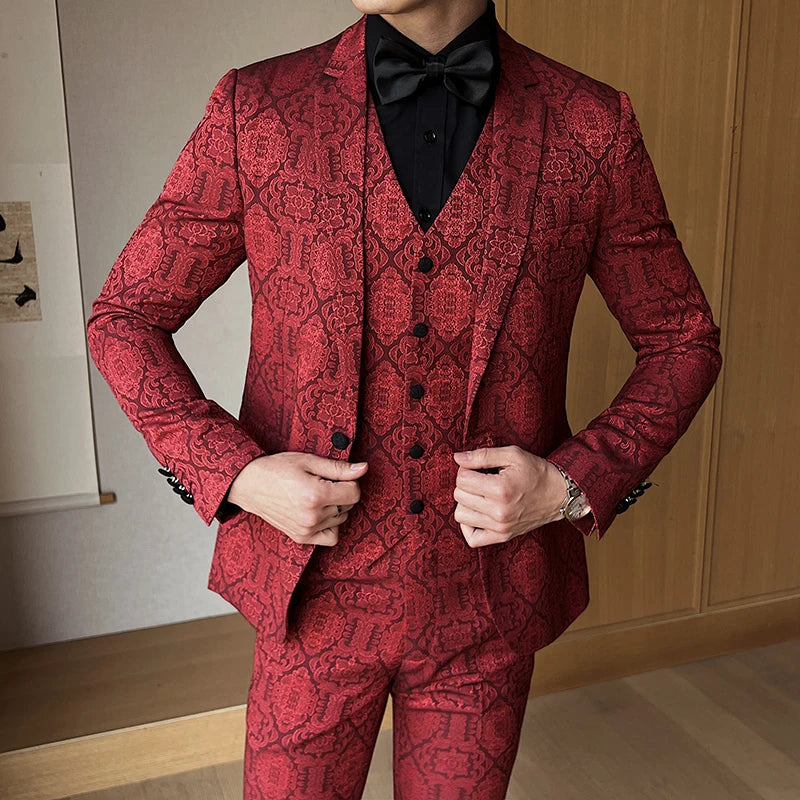 Nova moda jacquard elegante terno masculino 3 peça formal negócios fino ajuste conjuntos casuais masculino noivo festa de casamento smoking ternos de baile