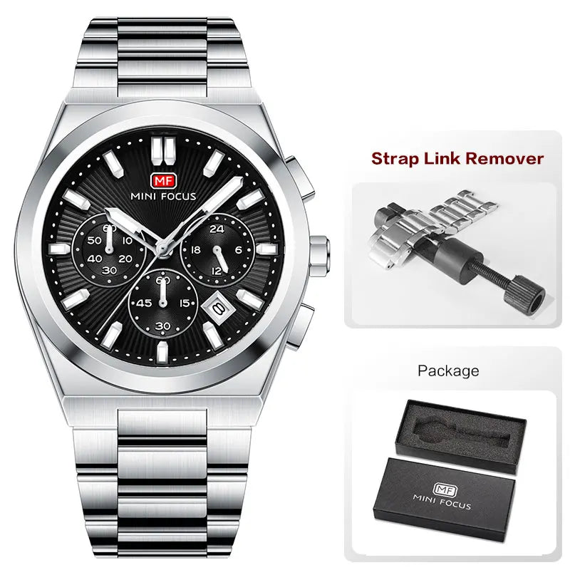 Mini foco moda masculina militar esporte relógio pulseira de aço inoxidável luminoso resistente à água relógio de pulso de quartzo com calendário1614