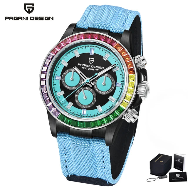 Pagani design novo 40mm arco-íris moldura cronógrafo safira relógio mecânico automático masculino aço inoxidável à prova dwaterproof água