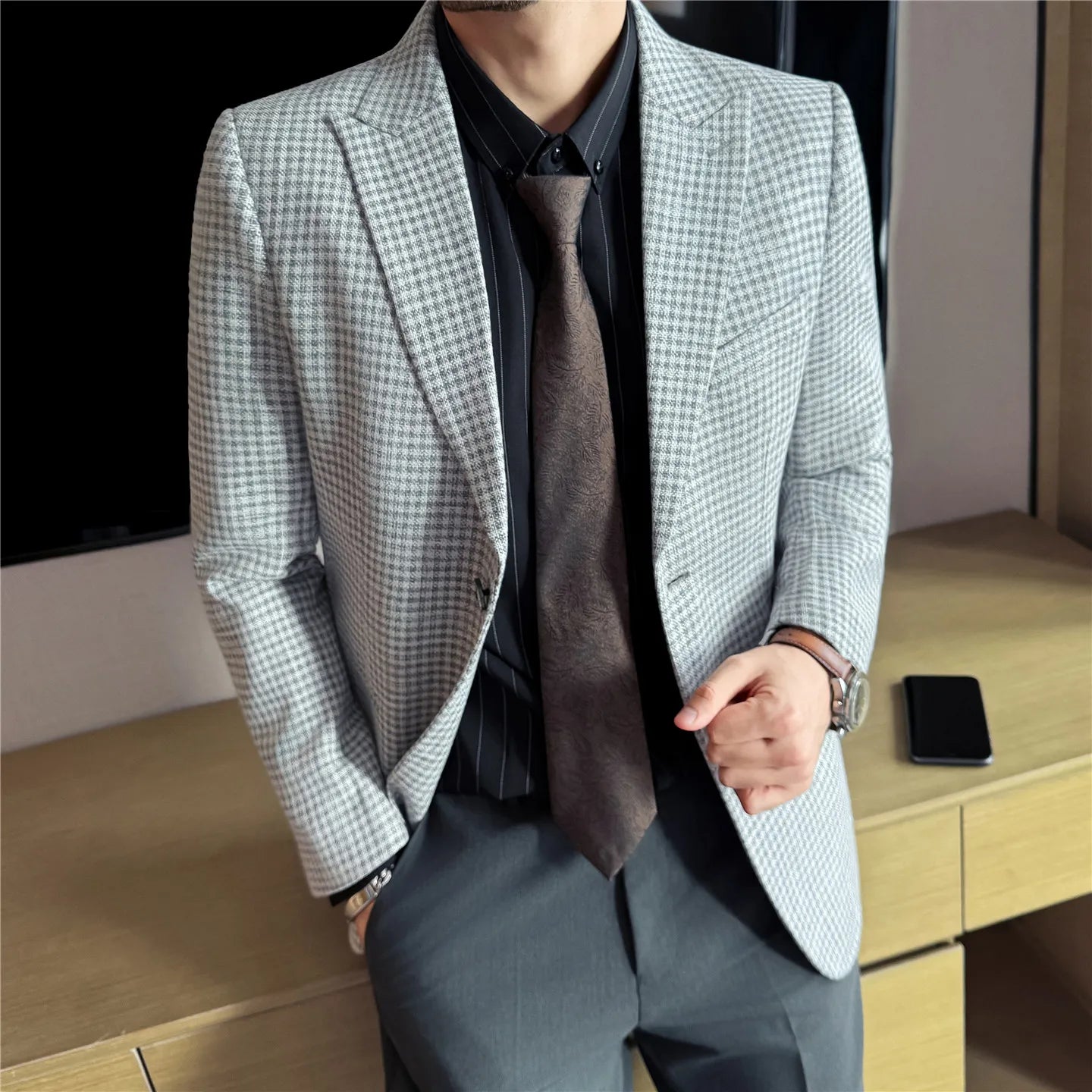 Outono inverno grosso lã xadrez terno jaqueta 2025 novo masculino fino ajuste casual moda formal negócios socia festa jaqueta casacos