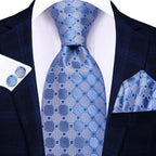 Hi-tie masculino elegante gravata lenço abotoaduras 3 pçs conjunto xadrez azul claro para smoking moda clássico seda luxo gravata para homem