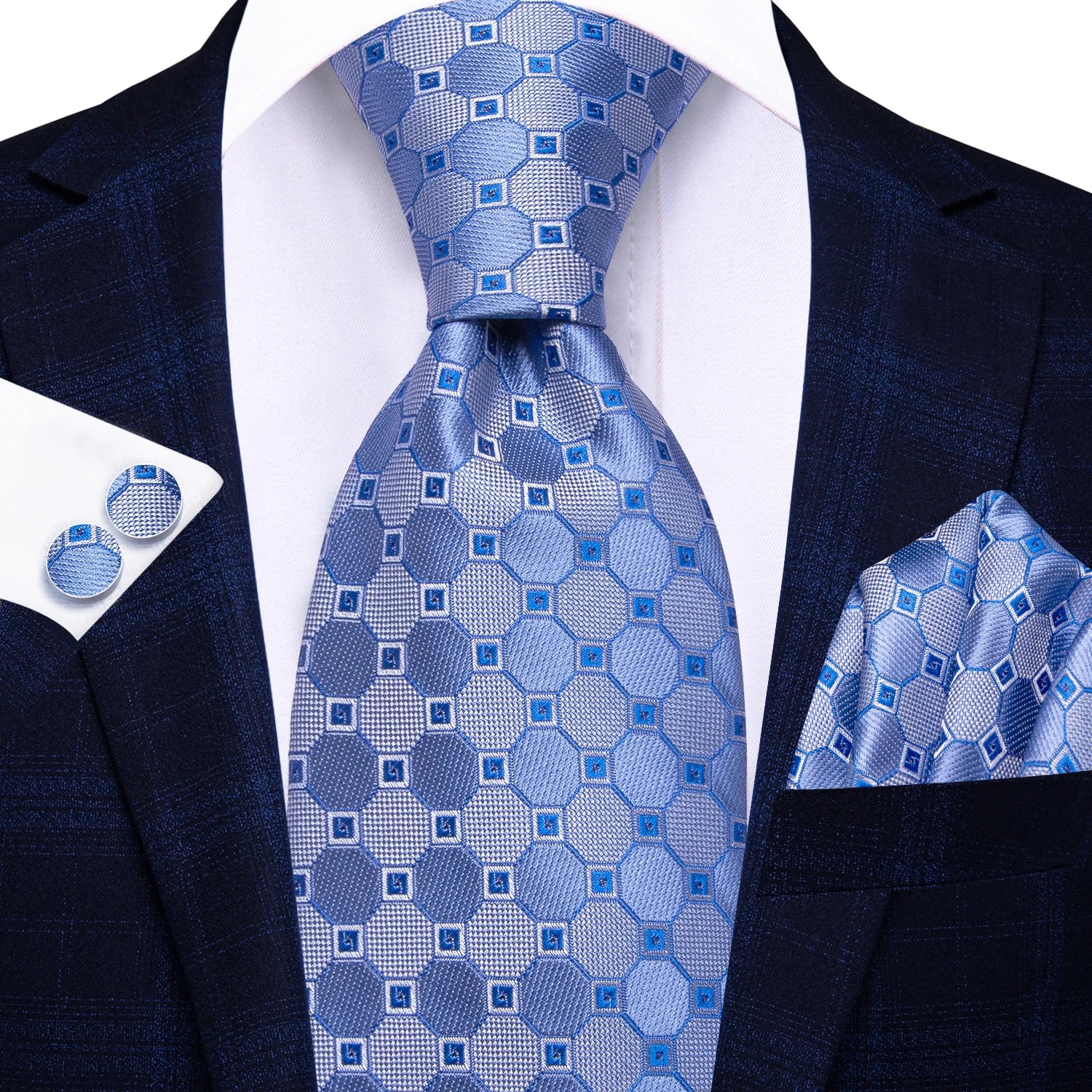 Hi-tie masculino elegante gravata lenço abotoaduras 3 pçs conjunto xadrez azul claro para smoking moda clássico seda luxo gravata para homem