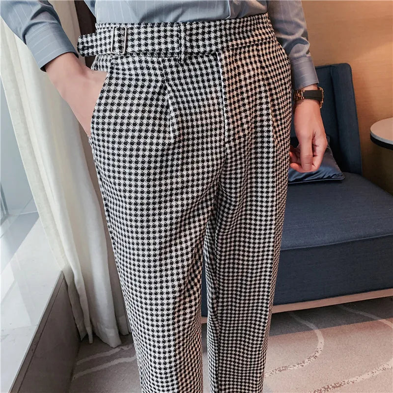 Estilo britânico outono nova moda listra xadrez terno calça masculina design de cintura alta fino ajuste calças de escritório dos homens noivo calças de casamento