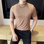 Camisa masculina listra grade t verão meia alta pescoço fino ajuste casual moda respirável elástico pulôver t roupas masculinas 4xl-m