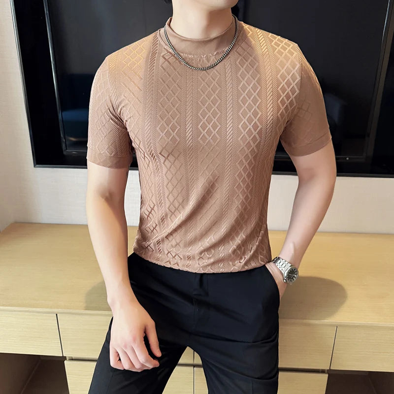 Camisa masculina listra grade t verão meia alta pescoço fino ajuste casual moda respirável elástico pulôver t roupas masculinas 4xl-m