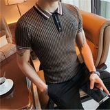 Estilo britânico verão lapela manga curta de malha camisa polo roupas masculinas 2022 houndstooth bordado fino ajuste camisa casual
