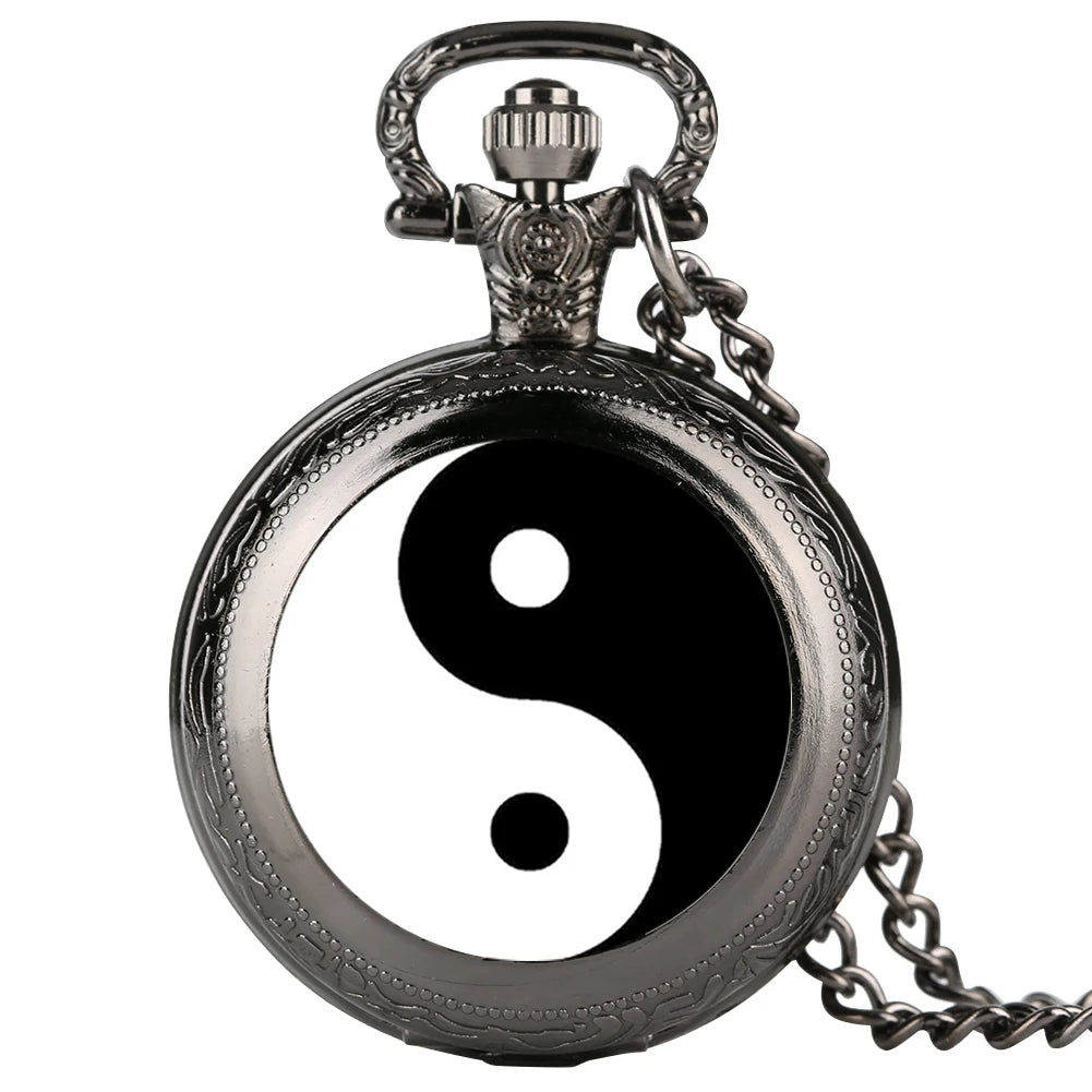 Preto e branco tai chi botão de pressão relógio de bolso de quartzo yin yang jóias steampunk tamanho médio colar corrente collectibles presentes
