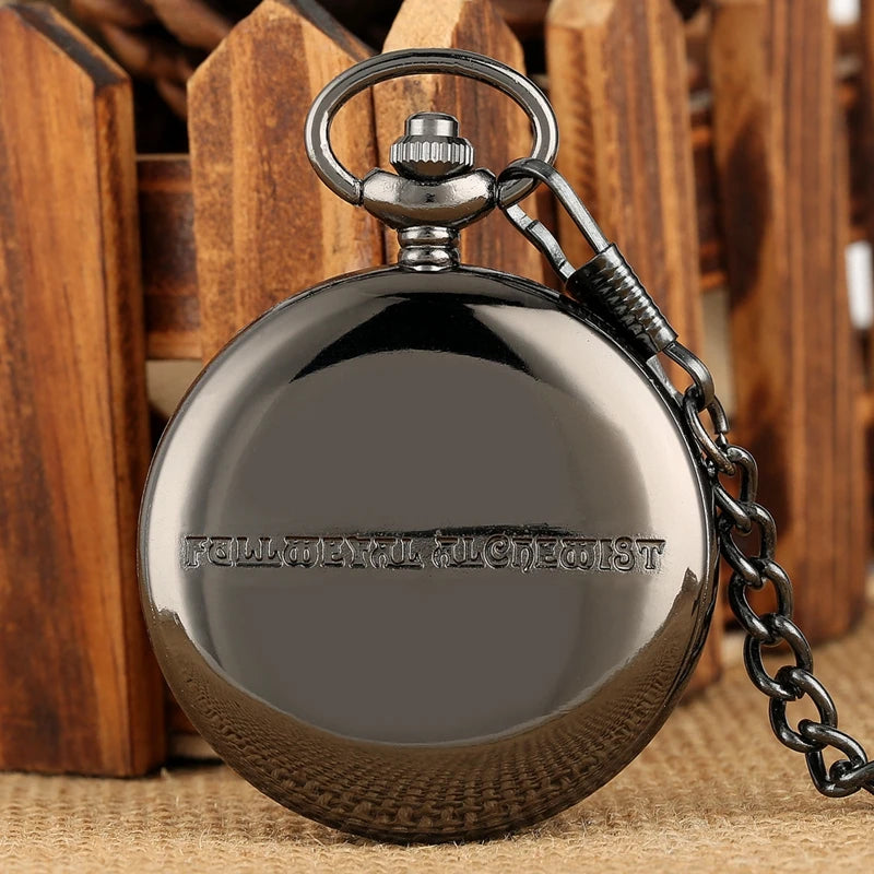 Vintage preto fullmetal alchemist relógio de bolso quartzo steampunk popular edward elric colar corrente fãs cosplay anime relógios