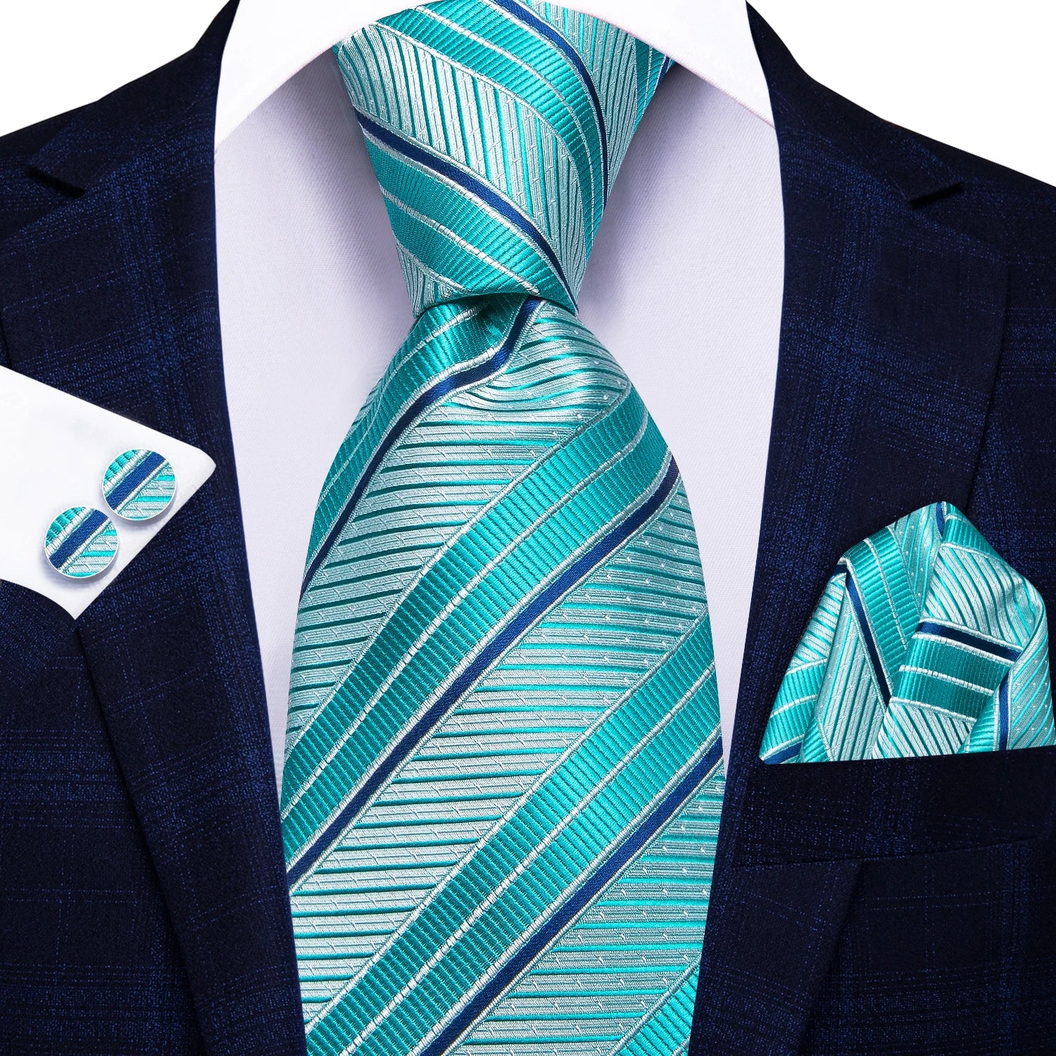 Hi-tie masculino elegante gravata lenço abotoaduras 3 pçs conjunto xadrez azul claro para smoking moda clássico seda luxo gravata para homem