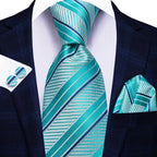 Hi-tie listrado borgonha azul preto masculino elegante gravata lenço abotoaduras 3 pçs conjunto moda clássico seda gravata de luxo para homem