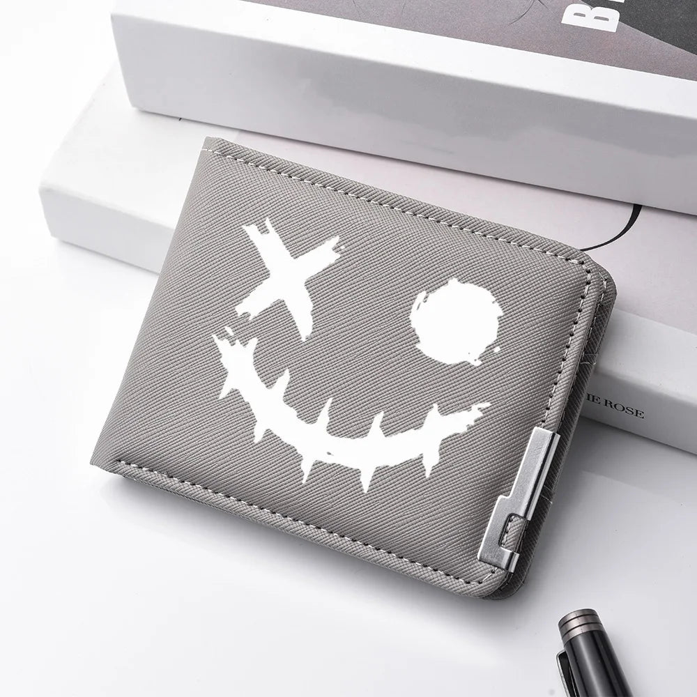 Carteira masculina de couro PU impressa com desenhos animados com vários slots para cartões Slim Funny Expression Design Carteira compacta elegante