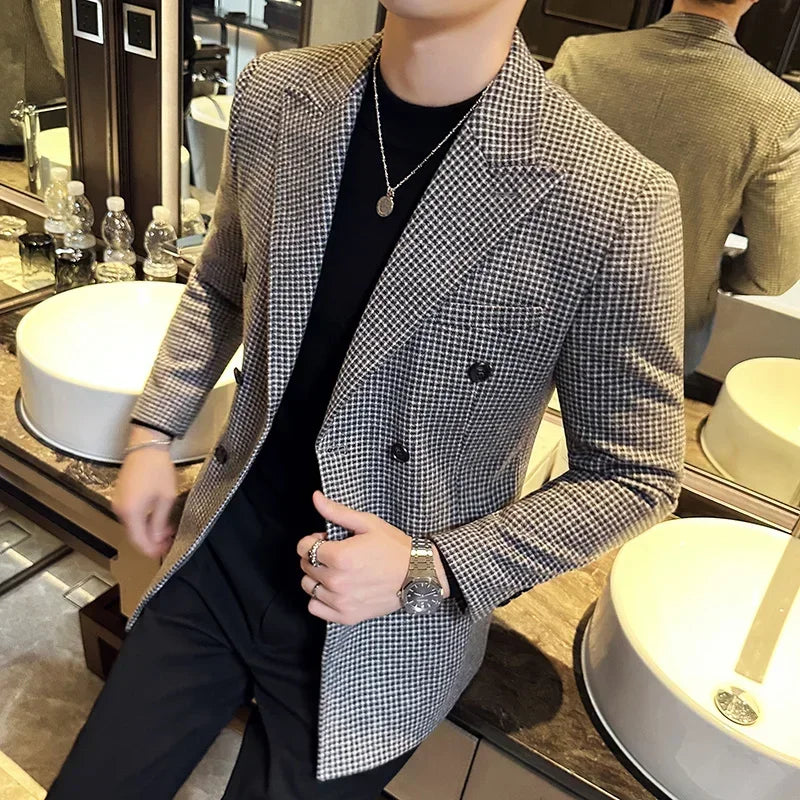 Estilo britânico masculino duplo breasted fino ajuste blazer 2024 novo houndstooth fino ajuste terno jaqueta formal de negócios vestido de casamento jaqueta