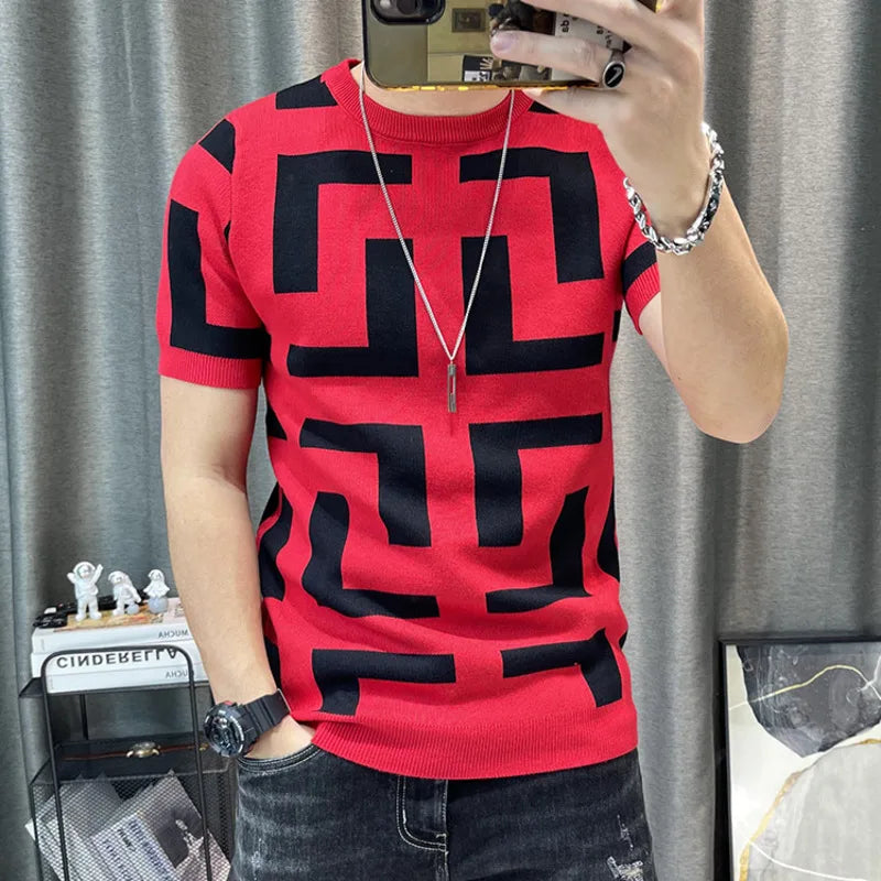 Camiseta coreana de malha com decote em O masculina, blusa de manga curta, camiseta justa, streetwear casual masculino, clube social, luxo, outono, 2022
