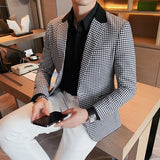 2024 outono inverno coreano houndstooth blazer jaquetas moda cor combinando lapela design casual masculino xadrez terno casaco smoking