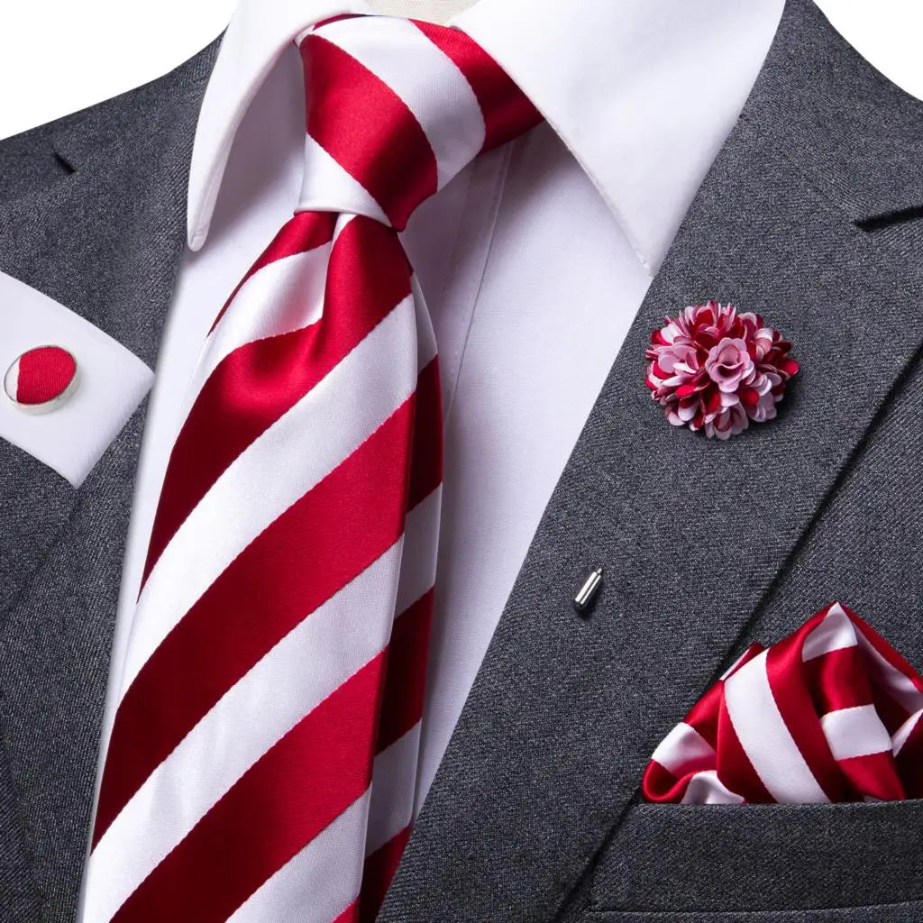 Gravata masculina listrada vermelha e branca, luxuosa, 8.5cm de largura, seda, casamento, bolso, abotoaduras quadradas, conjunto de broche, presente para homens, gravata alta