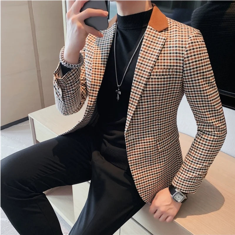 2024 outono inverno coreano houndstooth blazer jaquetas moda cor combinando lapela design casual masculino xadrez terno casaco smoking