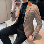 2024 outono inverno coreano houndstooth blazer jaquetas moda cor combinando lapela design casual masculino xadrez terno casaco smoking