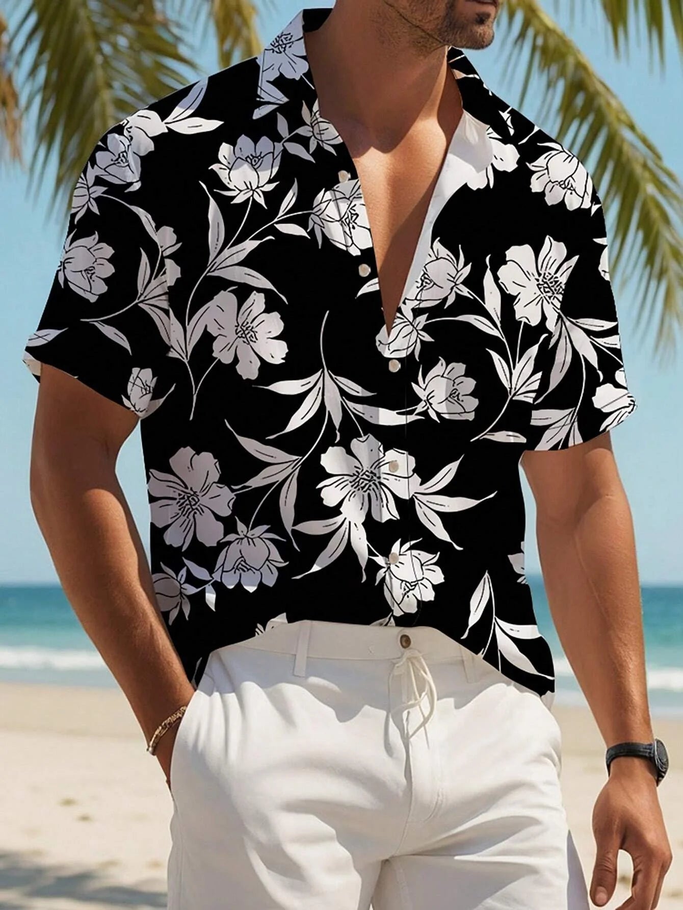 Camisa masculina com estampa de plantas, estilo férias, manga curta, botão para baixo, férias ao ar livre, praia, verão, camiseta de elastano, camisas havaianas