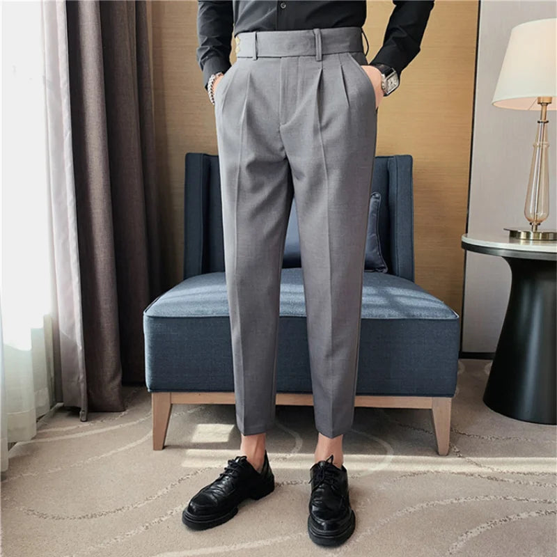 Calça casual de cintura alta masculina, estilo britânico, design plissado de Twirt, Nápoles, fina, simples, festa social, calça de terno, plus size 38