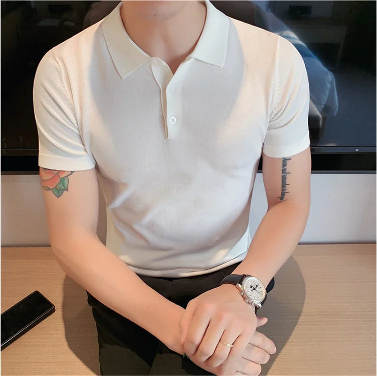Estilo britânico verão camisa polo de malha cor sólida fino ajuste estiramento manga curta camiseta masculina negócios polos sociais streetwear