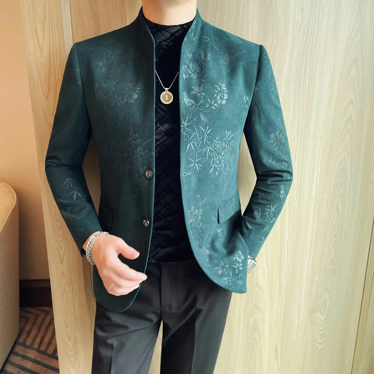 Novo chinês gola blazer jaqueta 2025 moda elegante impresso fino ajuste ternos de negócios jaqueta tailcoat roupas masculinas