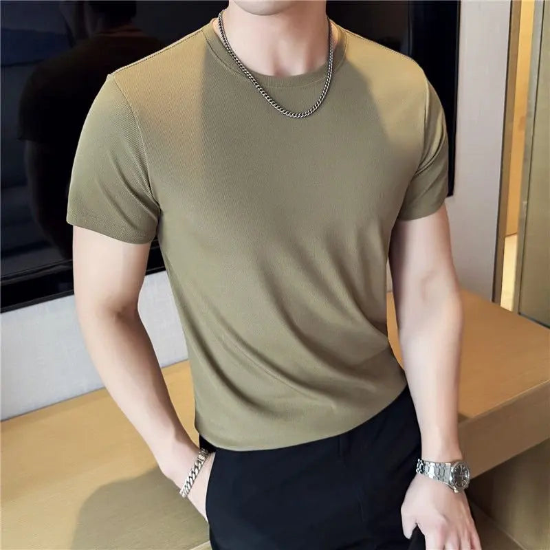 Verão fino gelo seda elástica cor sólida t camisa masculina manga curta fino ajuste gola redonda casual respirável camiseta roupas masculinas