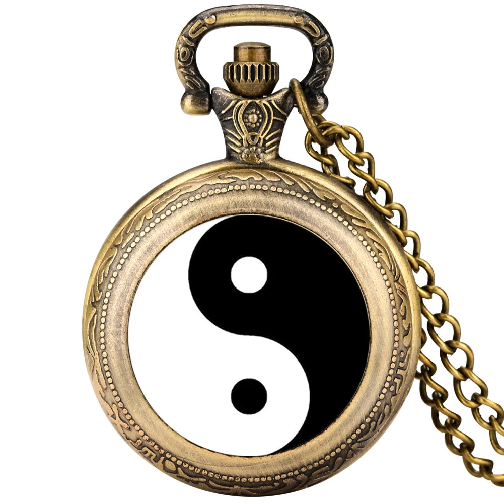 Preto e branco tai chi botão de pressão relógio de bolso de quartzo yin yang jóias steampunk tamanho médio colar corrente collectibles presentes