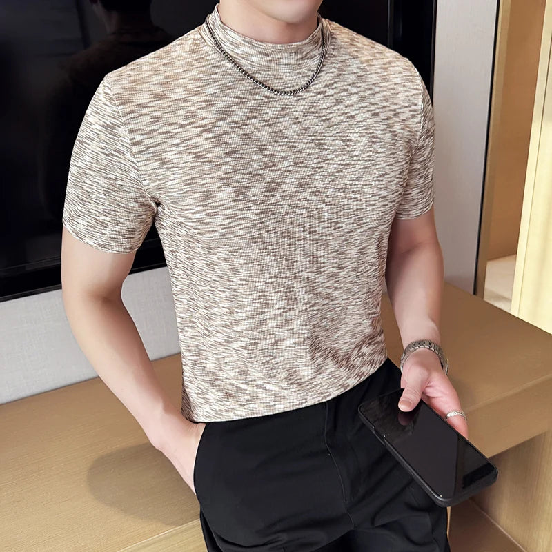 Camiseta camuflada masculina verão meia gola alta ajuste fino manga curta moda versátil camisetas casuais topos roupas masculinas