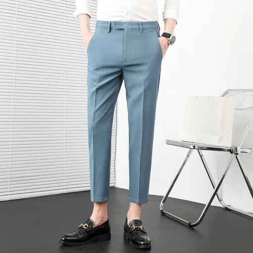Verão nova cor sólida negócios calças casuais masculino fino ajuste social terno pant formal escritório tornozelo comprimento calças streetwears 36-29