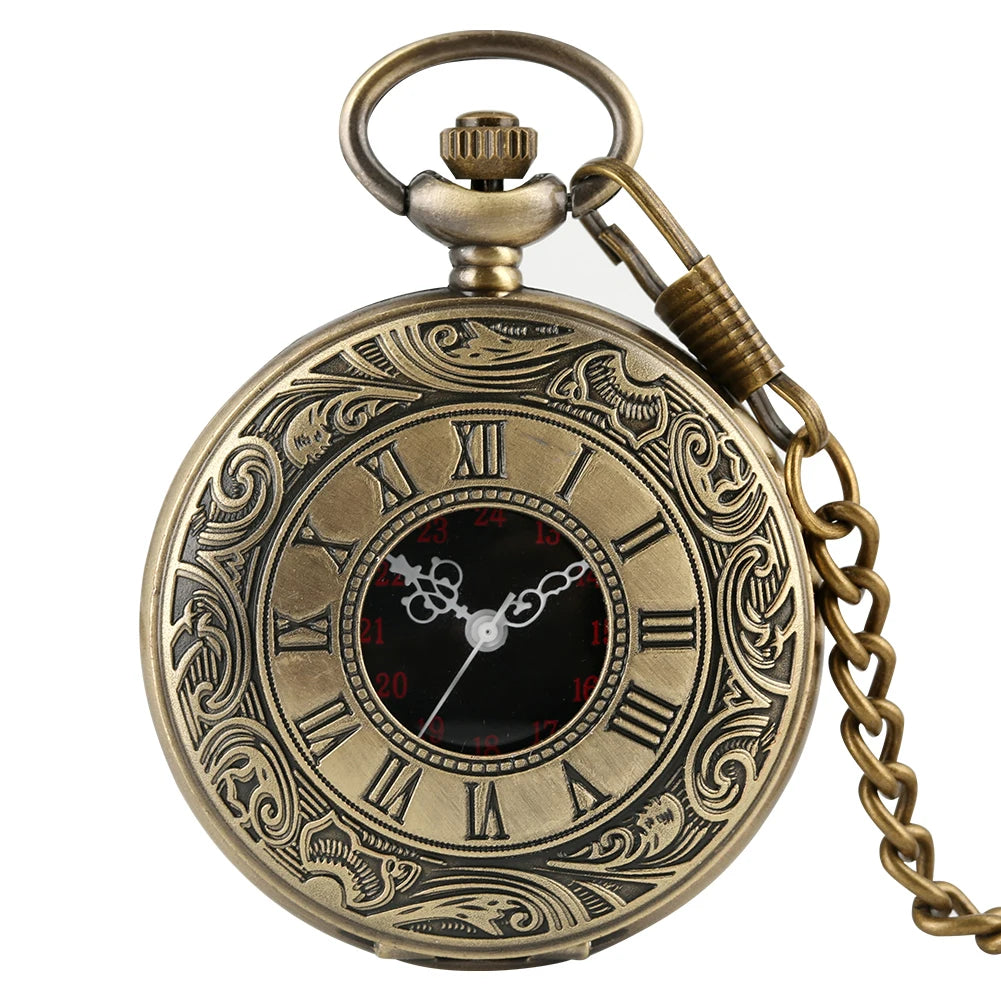 Preto numerais romanos relógio de bolso de quartzo masculino feminino preto oco caso steampunk vintage pingente colar melhores presentes para homens