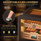 Armário umidificador de charutos, iluminação LED, higrômetro digital, 2 umidificadores, tubo de charuto, mesa, madeira de cedro, com gaveta de até 100 charutos