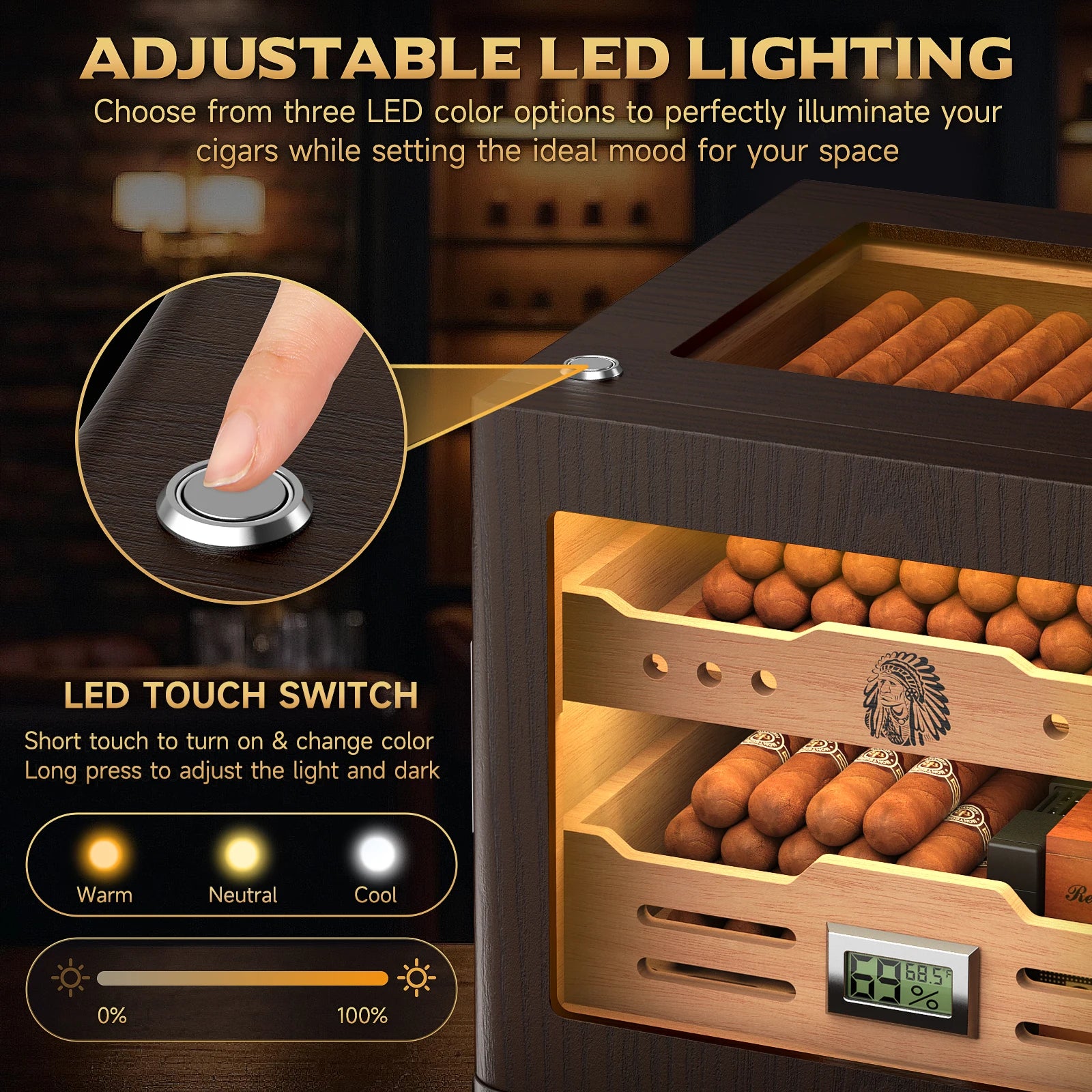 Armário umidificador de charutos, iluminação LED, higrômetro digital, 2 umidificadores, tubo de charuto, mesa, madeira de cedro, com gaveta de até 100 charutos