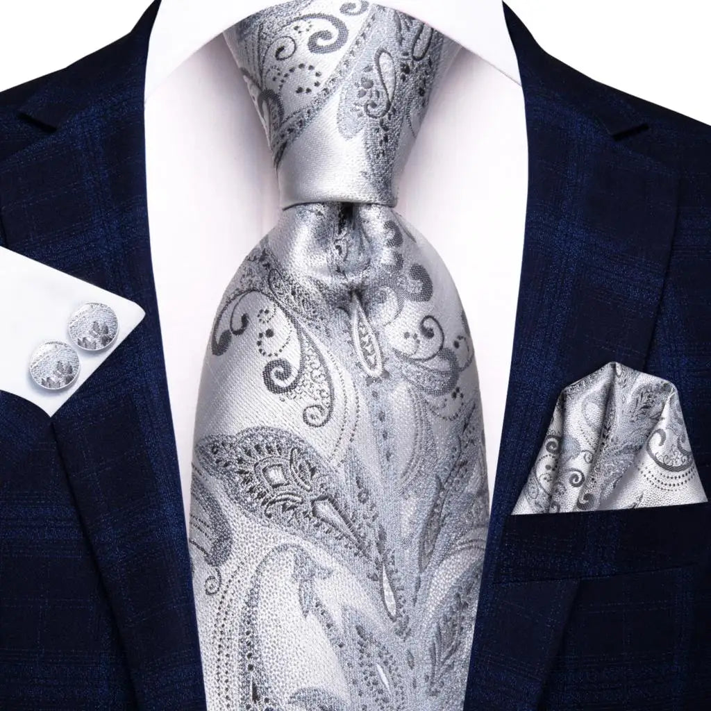Gravatas masculinas branco sliver hanky abotoaduras conjunto de seda pescoço laços para festa de casamento negócios gravata masculina 2022 nova marca de moda hi-tie