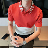 Camiseta polo masculina emendada com gola v, alta qualidade, manga curta, seda gelada, elasticidade, camiseta casual de lapela, 3XL-M, verão, 2023