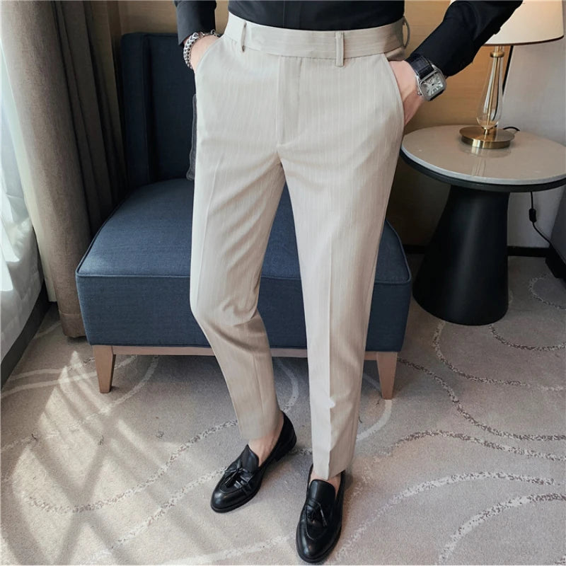Estilo britânico listrado fino ajuste terno pant homens negócios casual simples vestido calças de alta qualidade social festa de casamento 38-28