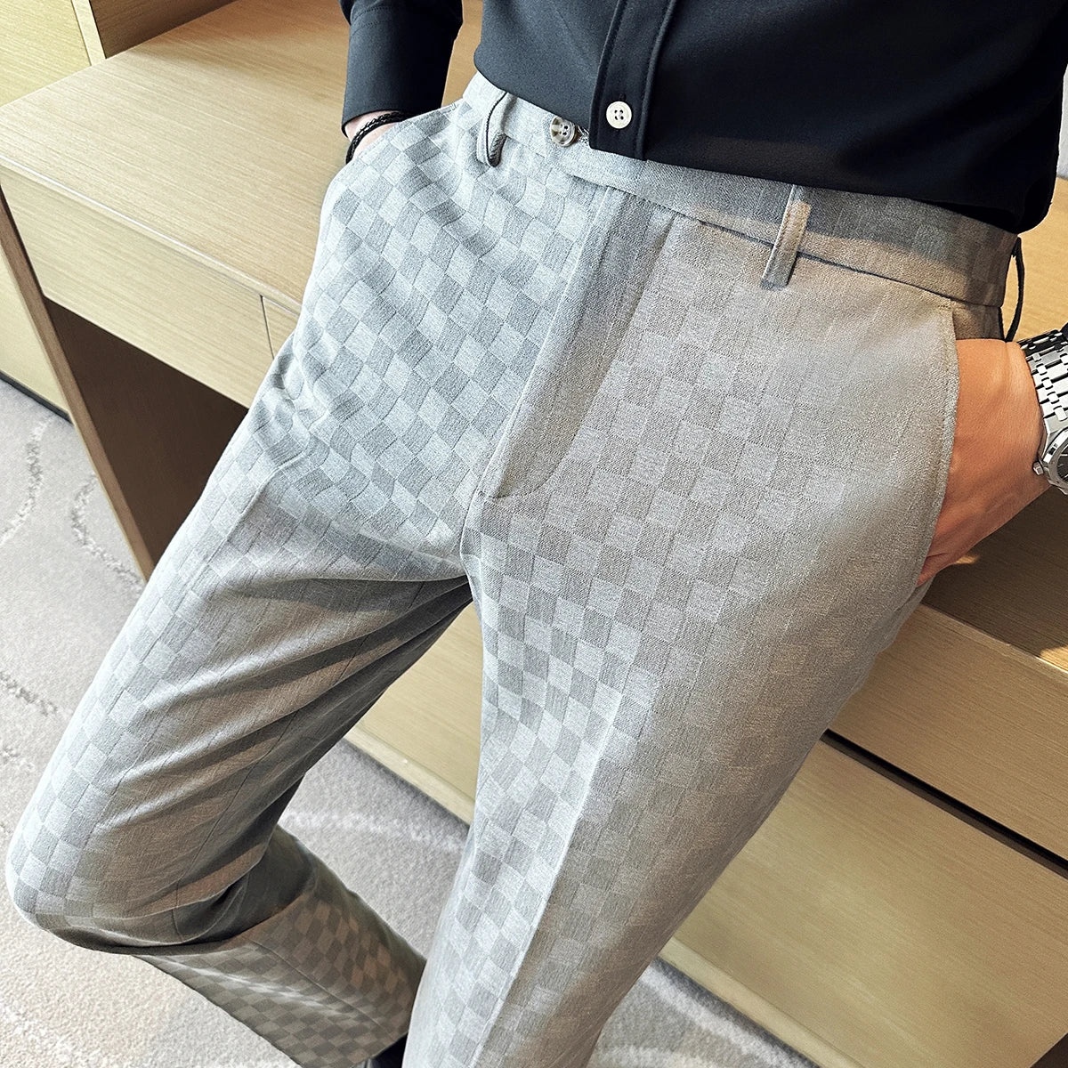 Novos homens casuais xadrez terno calças moda masculina fino ajuste negócios social vestido calças formal casamento festa social calças masculinas