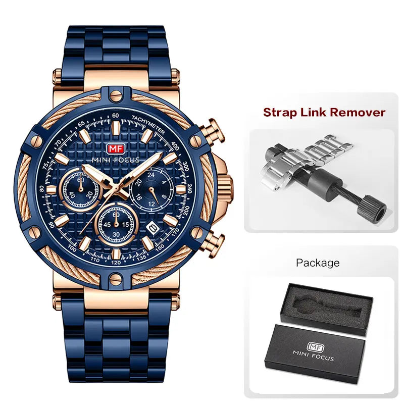 Mini foco analógico vestido de quartzo relógio masculino prata azul pulseira de aço inoxidável cronógrafo relógio de pulso luminoso com data 24 horas 0470