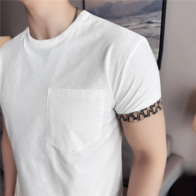 Verão dupla face wear camiseta masculina 2025 nova alta qualidade tripulação pescoço moda versátil casual fino ajuste elasticidade camiseta