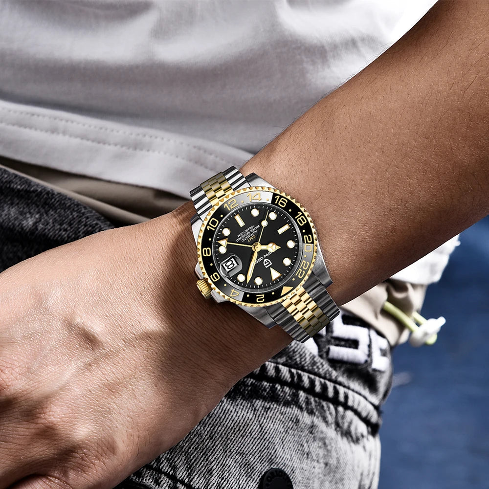 Pagani design novo PD-1662 relógio mecânico masculino superior vidro de safira gmt relógio 100m à prova dwaterproof água relógio mecânico automático masculino