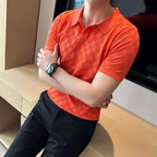 Camisa polo de malha fina de seda e gelo masculina, camiseta casual, manga curta, gola em O, justa, respirável, elástica, malha, masculina, verão
