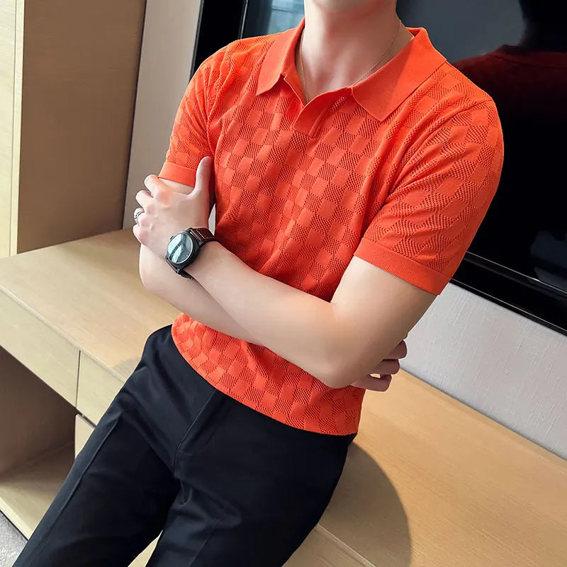 Camisa polo de malha fina de seda e gelo masculina, camiseta casual, manga curta, gola em O, justa, respirável, elástica, malha, masculina, verão