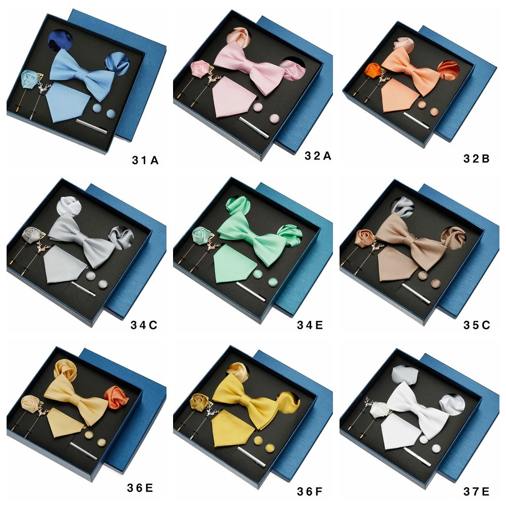 Conjunto de gravata lisa para homens, cor sólida, bolso, broche quadrado, caixa de presente para casamento, negócios, luxo, 8 peças, presente masculino