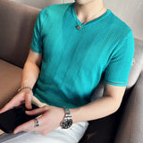 Camiseta masculina fina de seda gelo oca de malha, casual com decote v, manga curta, camiseta respirável, malha de elasticidade, estilo britânico, verão