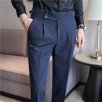 Estilo britânico masculino cintura alta vestido casual calça masculina cinto design calças finas formal escritório social festa de casamento vestido terno calças